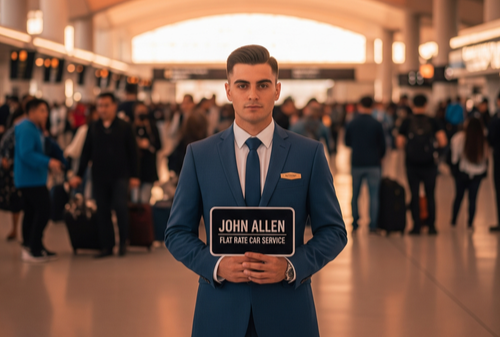 Professional chauffeur holding a personalized name sign for LAX car service meet and greet at terminal arrivals
