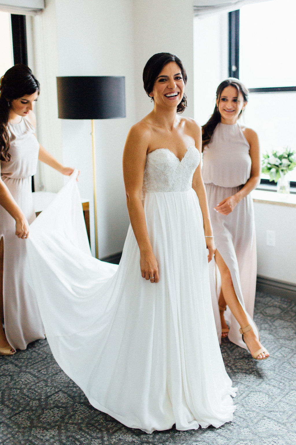 Photography: Tim Tab Studios | Coordination: The Simply Elegant Group, Lindsay | Floral design: The Bread and Butterfly | Decor: Art of Imagination | Hair: Holli Beauty | Makeup: Joanna B Artistry and Anjelica Bannos | Bride’s gown: Sarah Seven | Groom's tux: The Black Tux | Bridesmaids: Show Me Your MuMu | Venue: Bridgeport Art Center | Catering: Limelight Catering