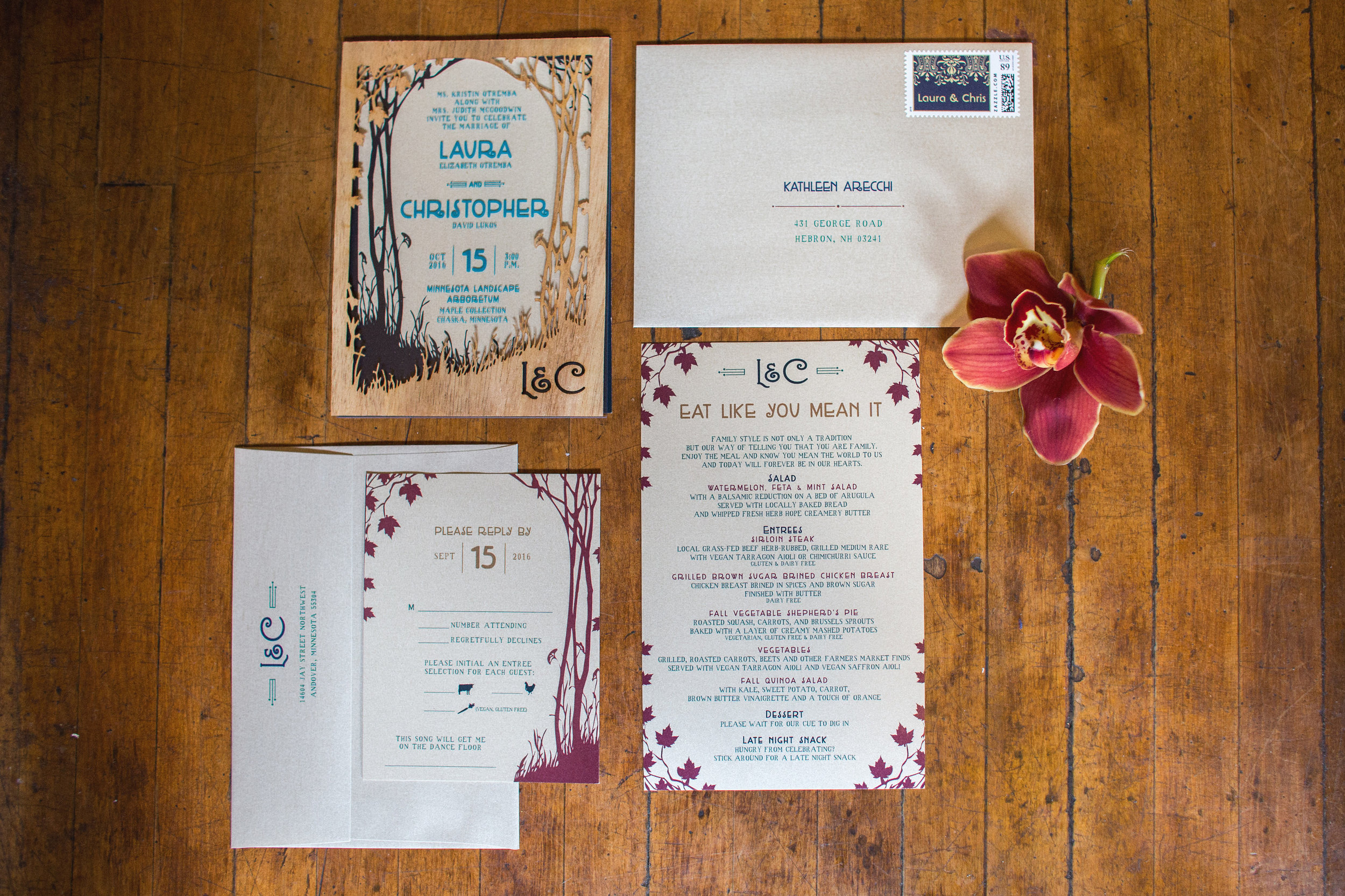 Colorful, woodland theme wedding invitations, RSVP and menu cards .