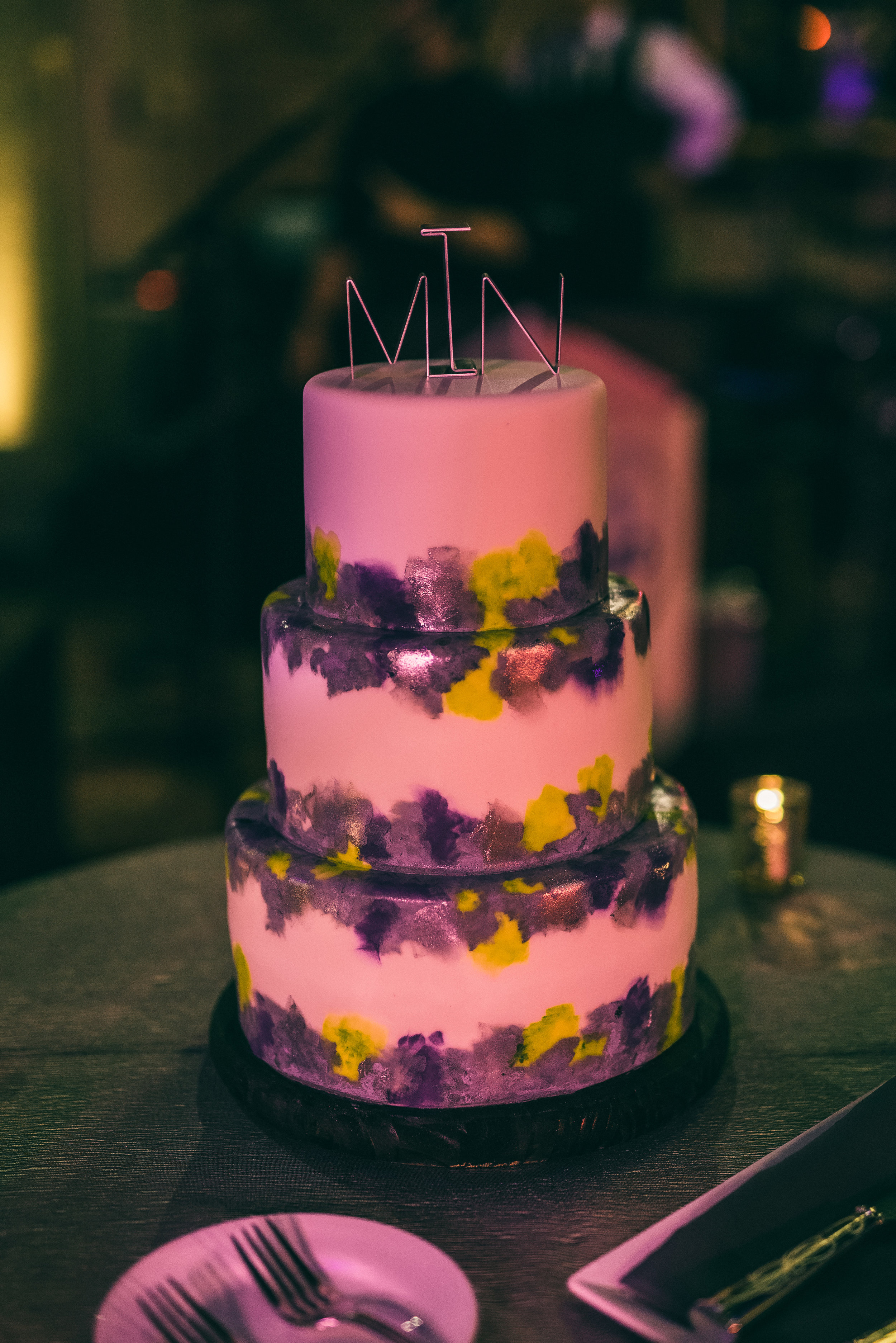 Hand painted three tier fondant wedding cake, River Roast Social House in Chicago