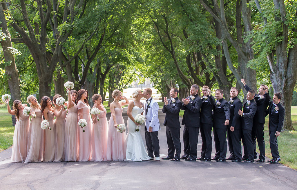 Milwaukee, Wisconsin wedding, bridal party with bride and groom. Blush and gold with white accents.