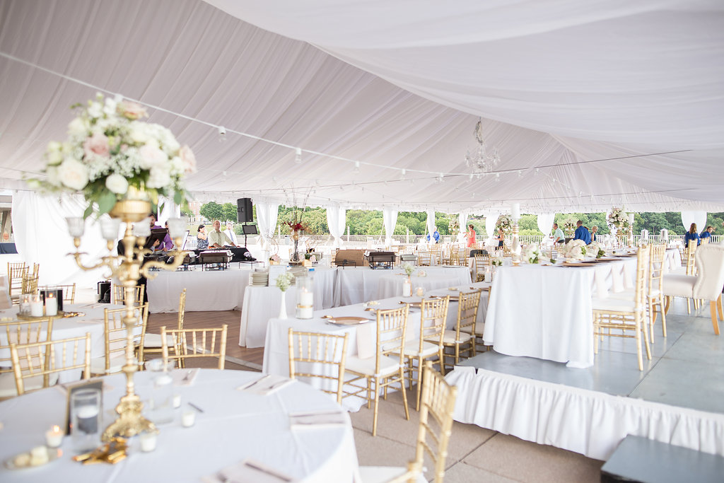 Blush and gold wedding decor, white tented reception at The War Memorial Center, Milwaukee Wisconsin wedding planner