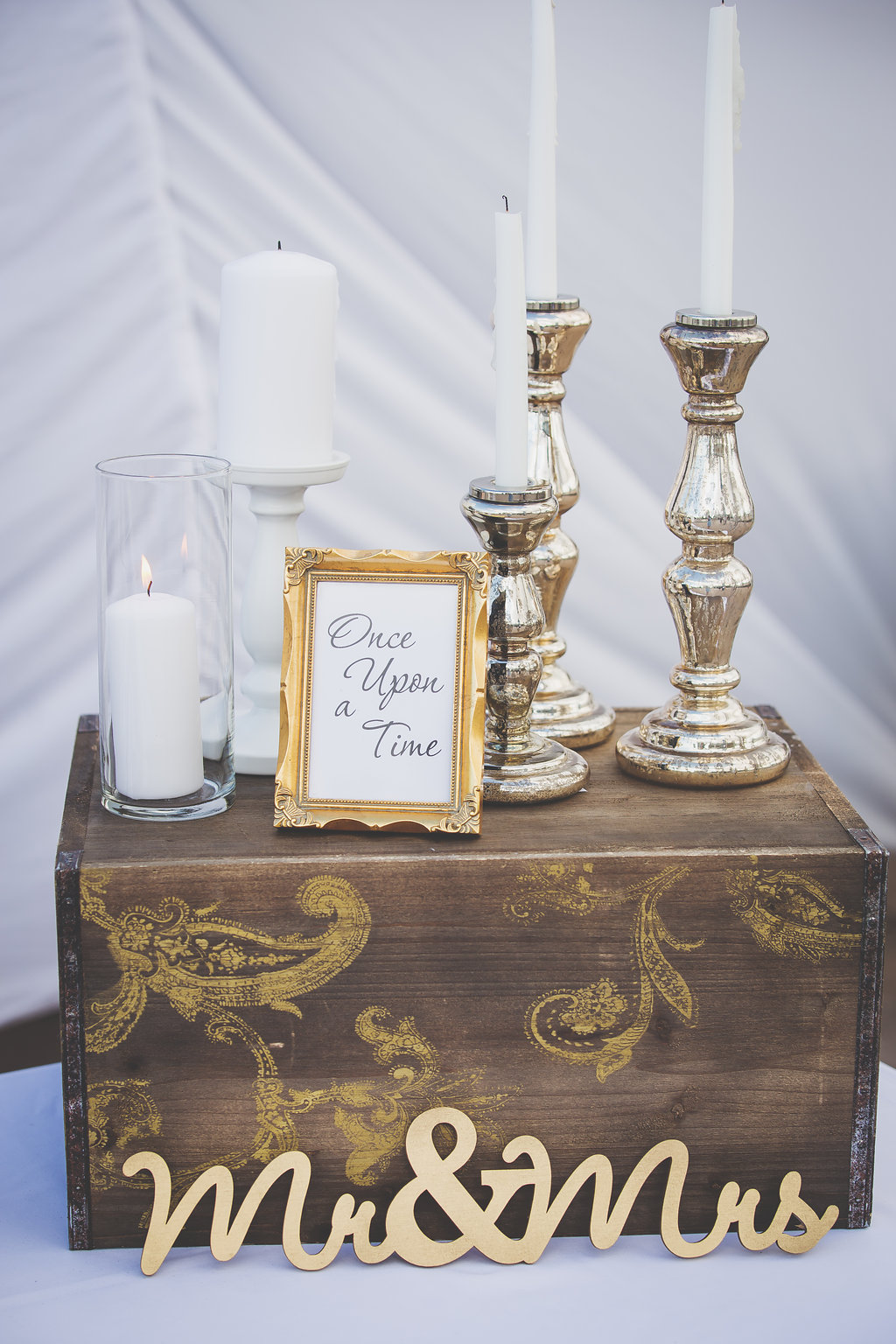 Wedding reception decor, candles, Mr & Mrs sign.