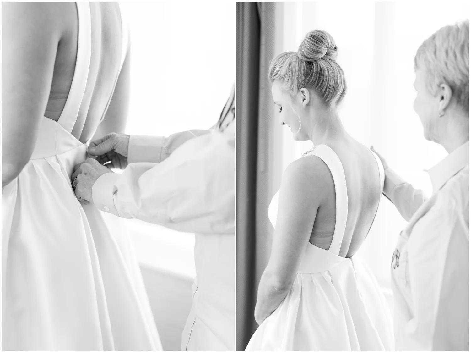 bride putting on her wedding dress