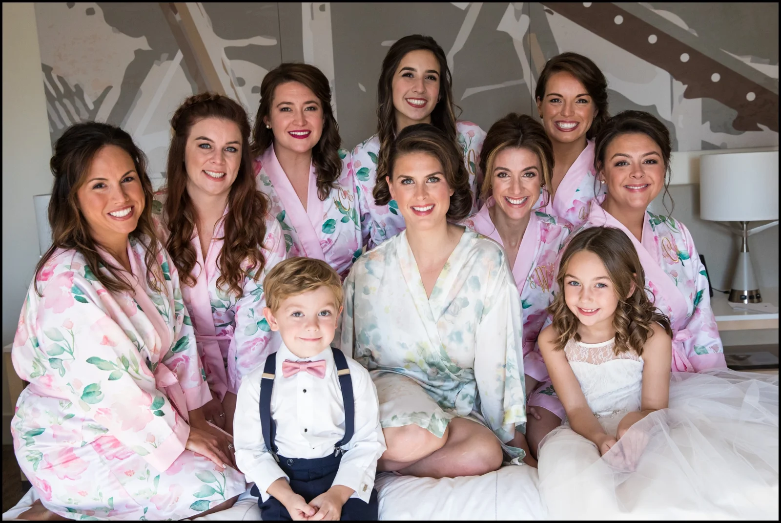 bride with her bridesmaids, ring bearer, and flower girl