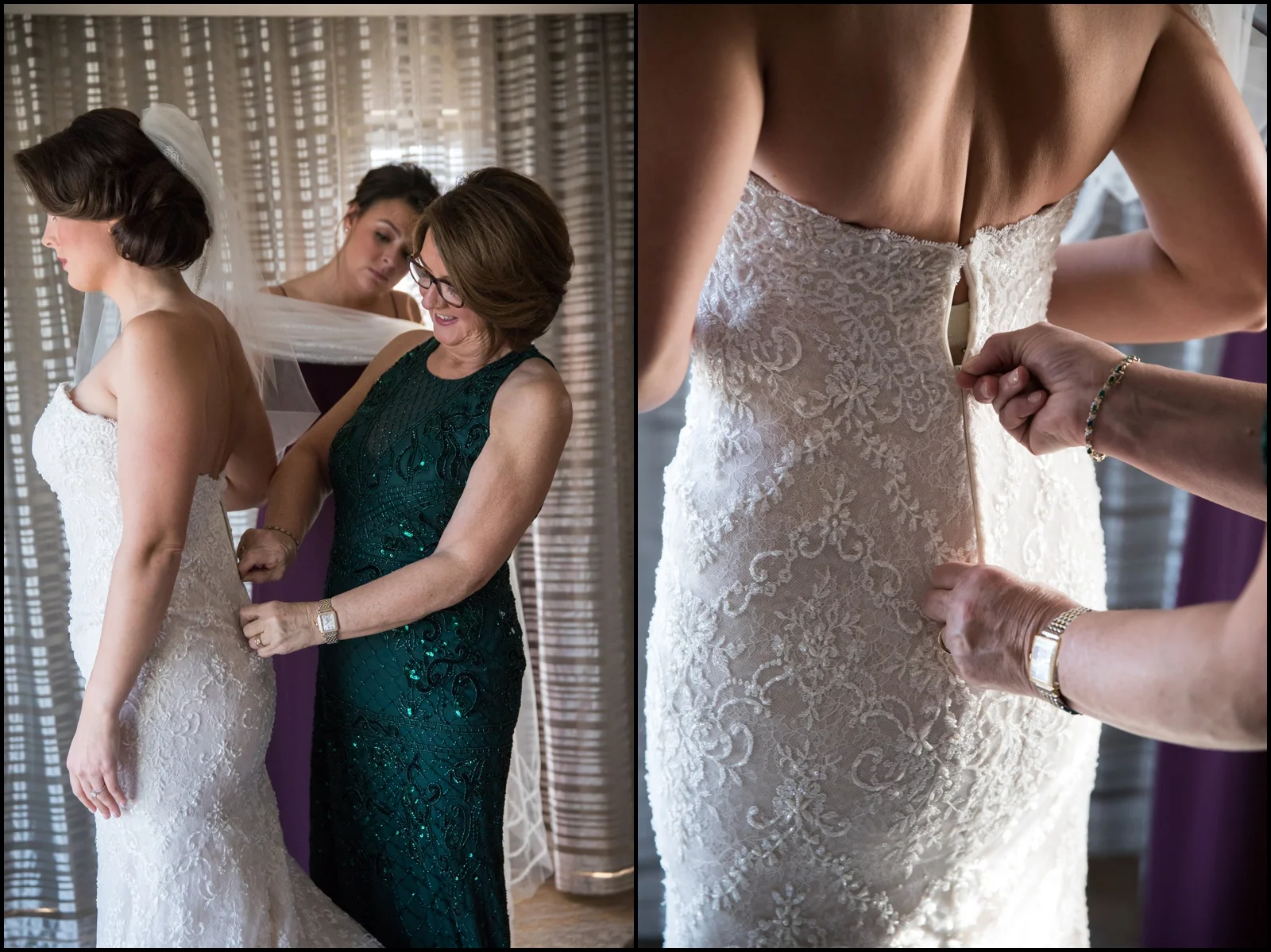 bride putting on her wedding dress
