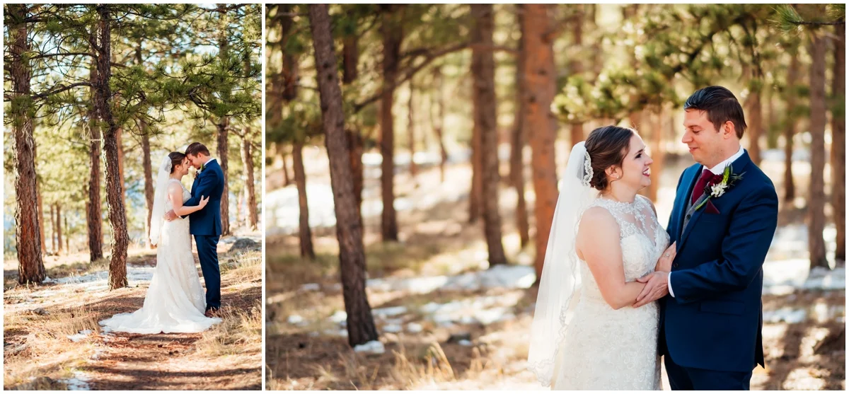 bride and groom in the woods together
