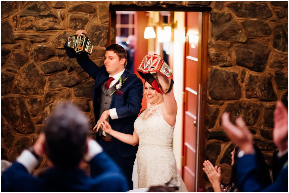 bride and groom entering their wedding reception