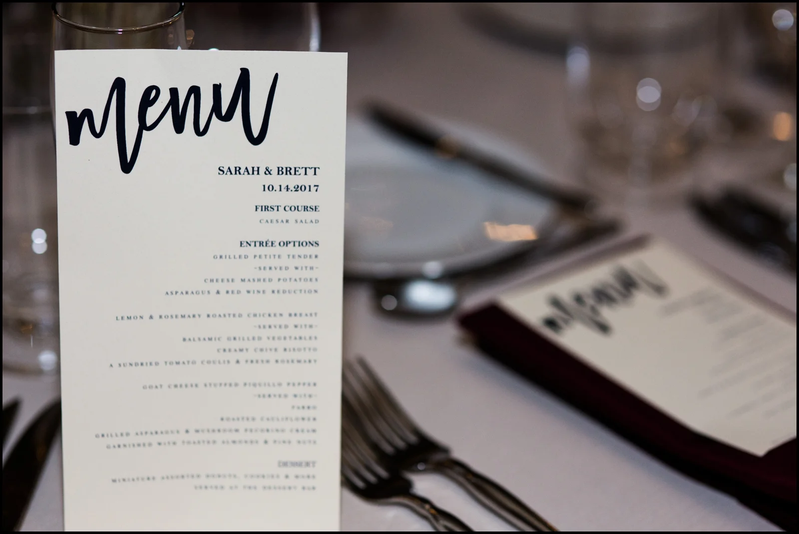 Menu for Wedding Reception