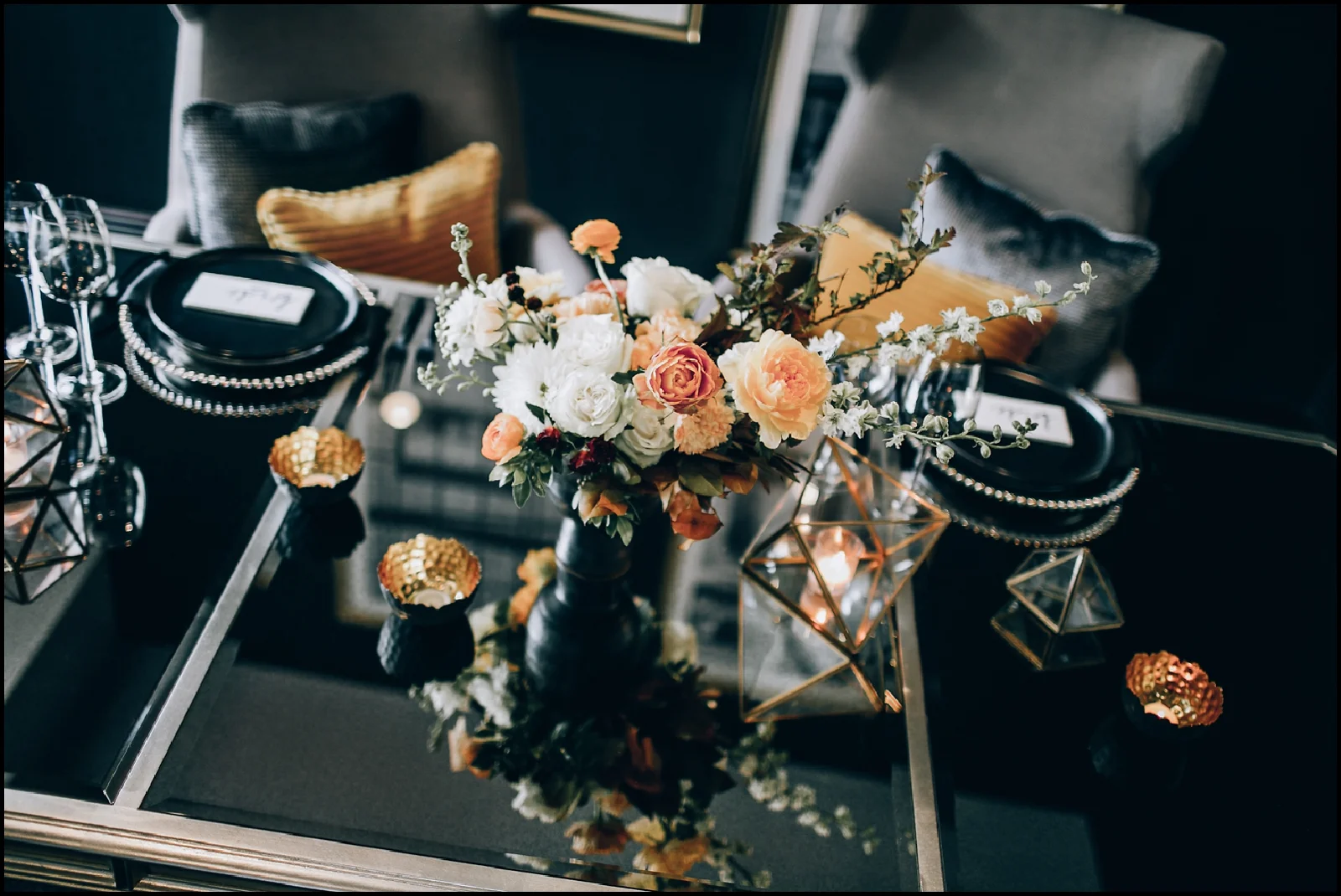 Black and orange wedding tablescape