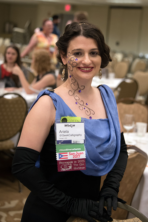 Ariela at the WisCon40 dessert salon and GOH speeches. Photo courtesy of John Scalzi.