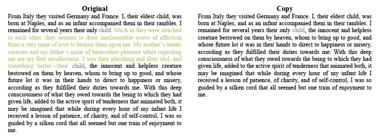 The word "child" is at the end of a phrase several times in this paragraph, leading to an eye jump from one instance to another. The text in purple is where the problem originates, and the text in green is omitted in the copy.