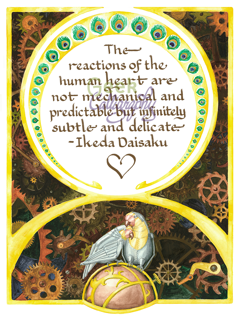 Clockwork Lovebirds English art print with quote by Daisaku Ikeda from GeekCalligraphy.com