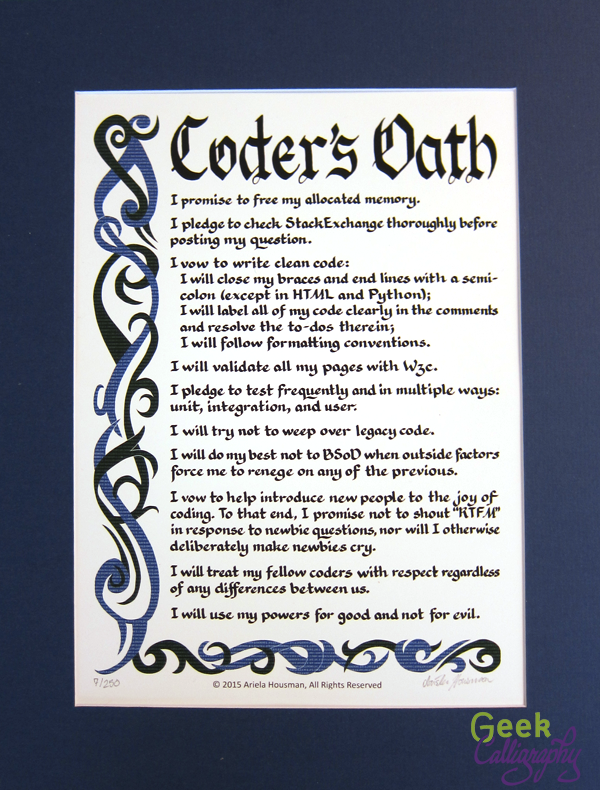 Coder's Oath art print from GeekCalligraphy.com
