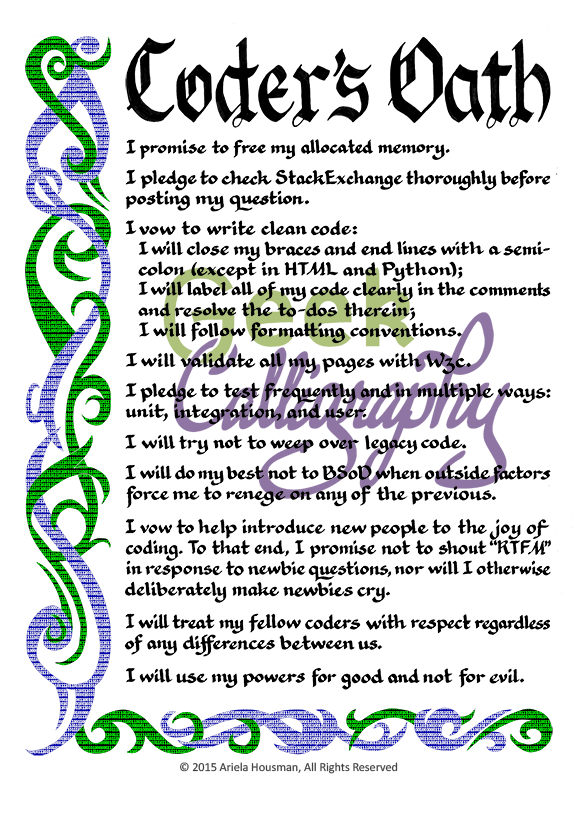 Coder's Oath art print from GeekCalligraphy.com
