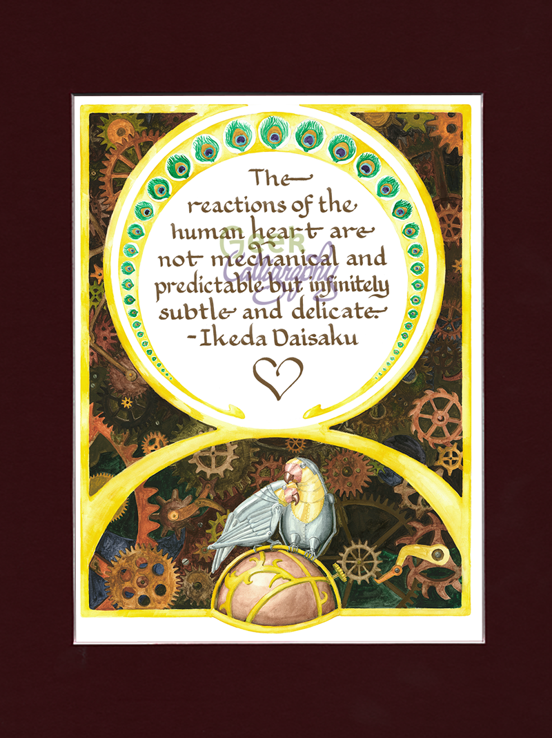 Clockwork Lovebirds English art print with quote by Daisaku Ikeda from GeekCalligraphy.com