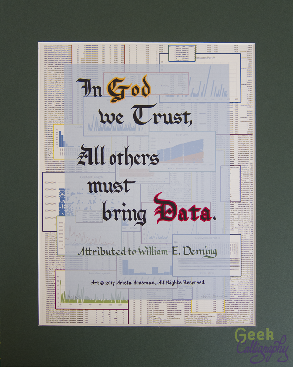 "In God We Trust, All Others Must Bring Data" Deming Quote, Art by Geek Calligraphy