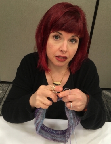 Kelly Sue Deconnick holding the cowl I was working on throughout the weekend. 