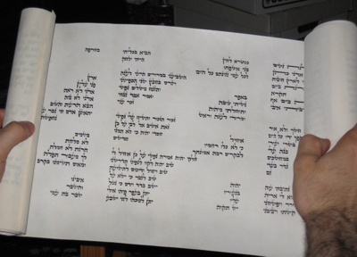 Photo of a scroll open to the third chapter of Eicha. The text is formatted to in diagonals that are supposed to look like walls falling in. Image from HaSoferet.com