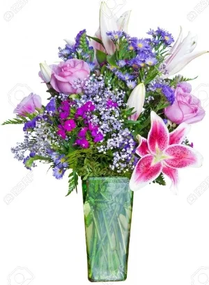 Stock photo of a bouquet of flowers in a green glass vase. It has pink roses, baby's breath, ferns, pink & white lilies, purple statice flowers, forget me nots, blue daisies and a purple flower not tagged. Photo via 123rf