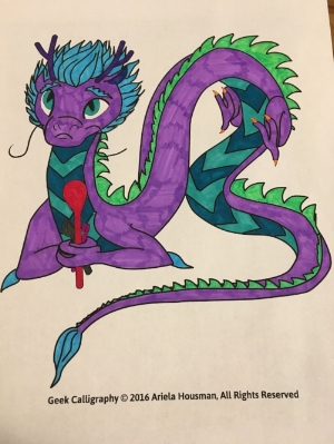 First test version of the Spoon Dragon coloring page. Monster has since absconded with the original.