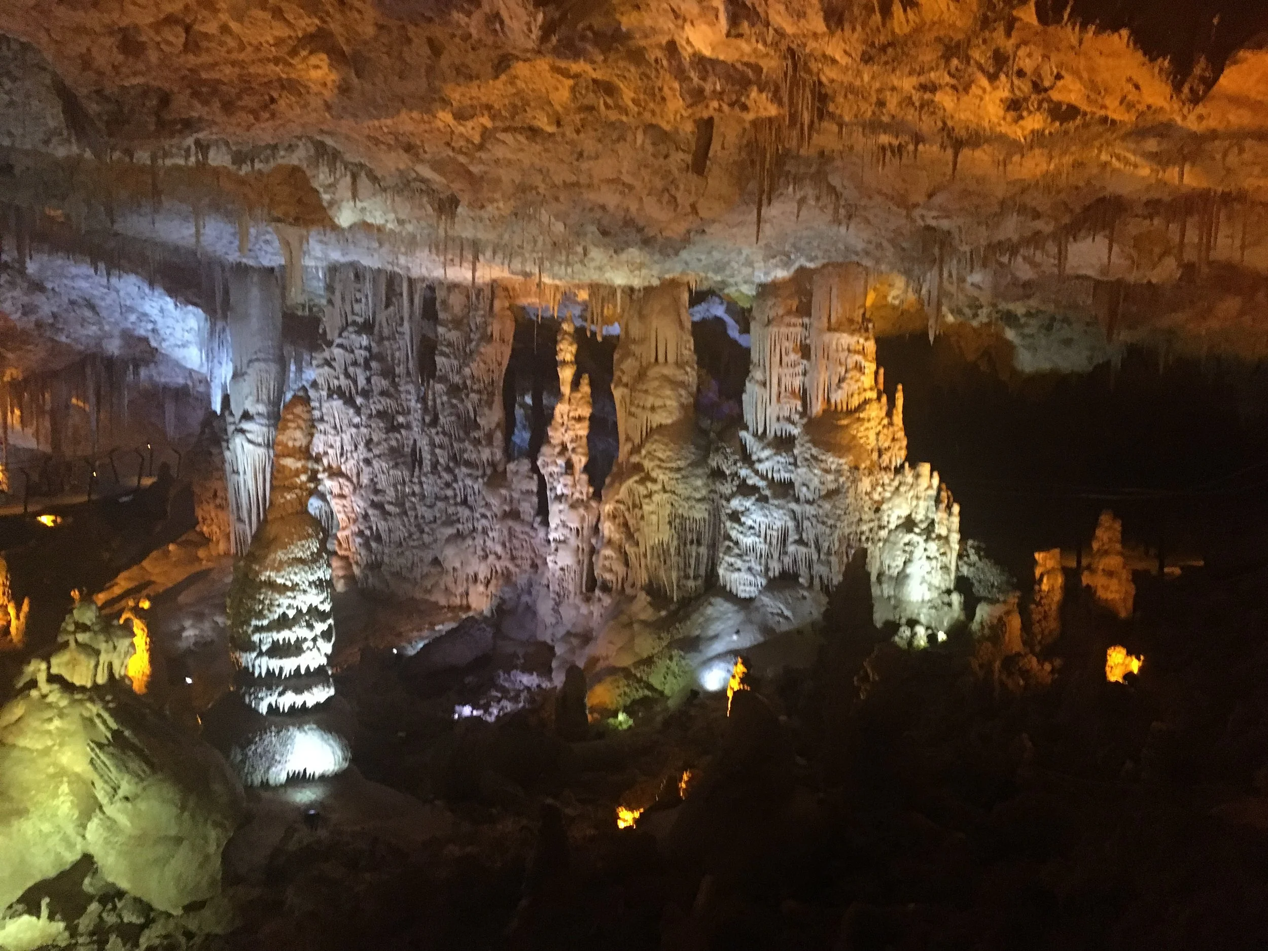 Wide interior shot of the stalactite caves in the Sorek Valley. Visible in the center is the stalagmite feature often referred to as "the ice cream cone with three scoops."