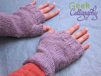Fingerless mitts designed and knit by Terri. Nine years of hard use and still going strong.