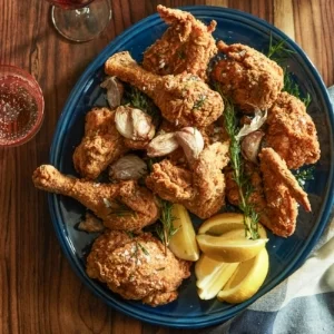 Golden fried chicken pieces on a blue platter. There are cloves of garlic and rosemary sprigs scattered over the chicken, as well as a pile of lemon wedges. Yum.