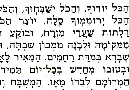 Text from the Sim Shalom prayer book. This font is one of the few that attempts a slab serif on the upper left of horizontal strokes. It is widely considered ugly and unpleasant.