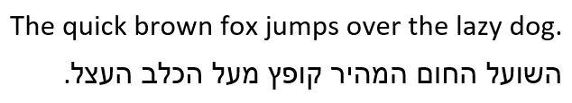 'The quick brown fox jumps over the lazy dog' in English (Calibri) and Hebrew (Arial).