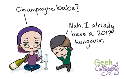 Image shows chibi Terri & Ariela sitting on the floor. Chibi Terri is holding an outsize wine bottle, and there are two champagne flutes between them. Chibi Terri asks "Champagne babe?" Chibi Ariela replies "Nah. I already have a 2017 hangover."