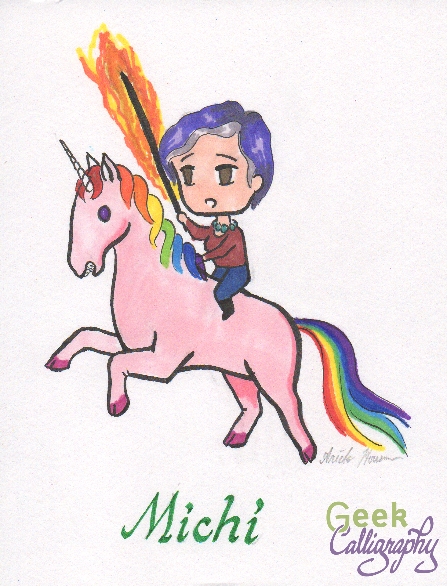 Michi and her Unicorn steed.png