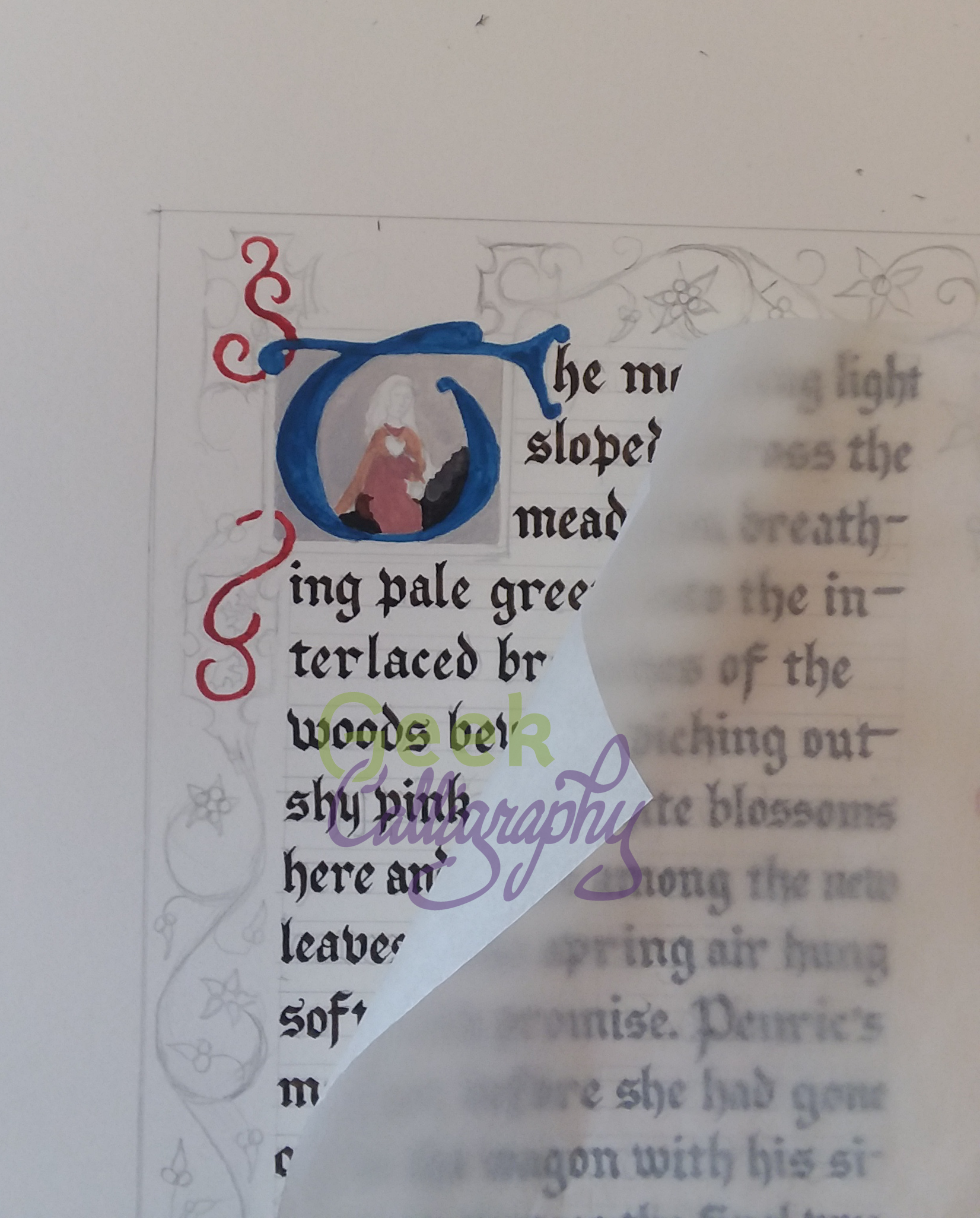 Underlayers of the historiated initial. I covered the rest of the paper with waxed paper to protect it.