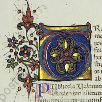 An illuminated inital T - symbols but no picture, note gold leaf Facta et dicta memorabilia, 1500s, Pal. lat. 902 fol. 48v