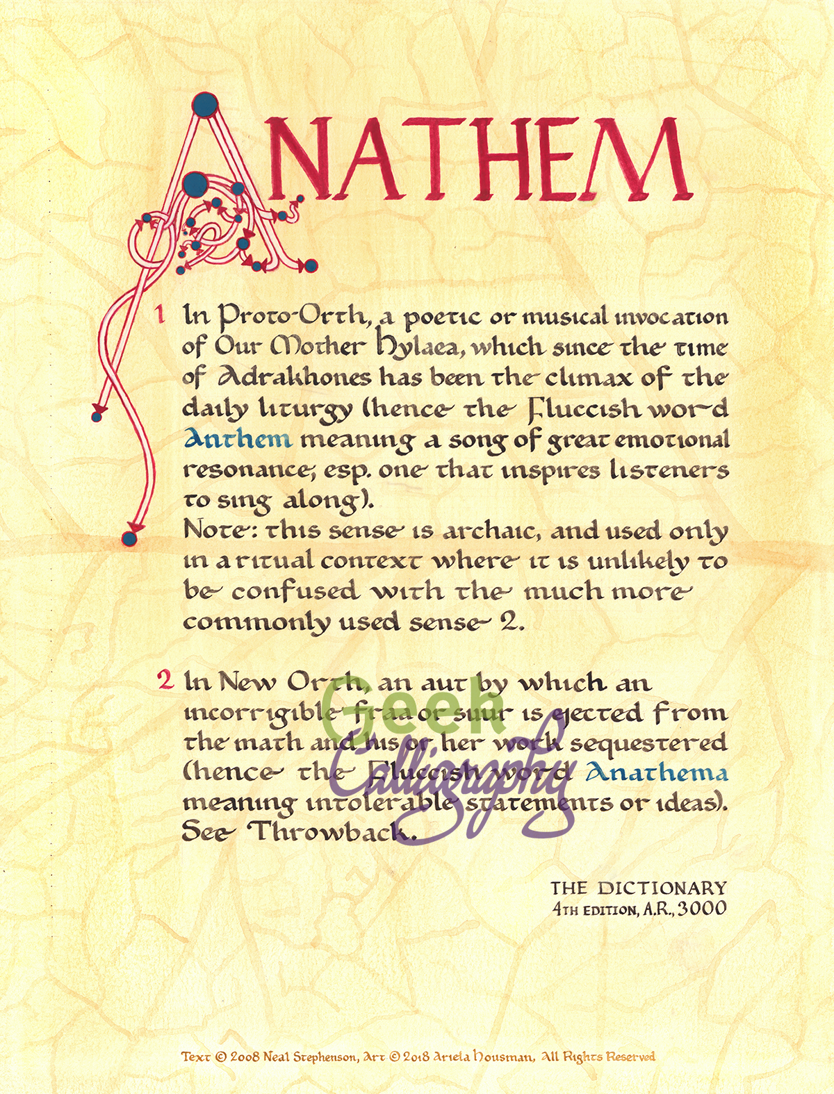 Art print with calligraphed text of the definition of "Anathem" from the opening of the novel of the same name by Neal Stephenson - Art by Ariela Housman of Geek Calligraphy