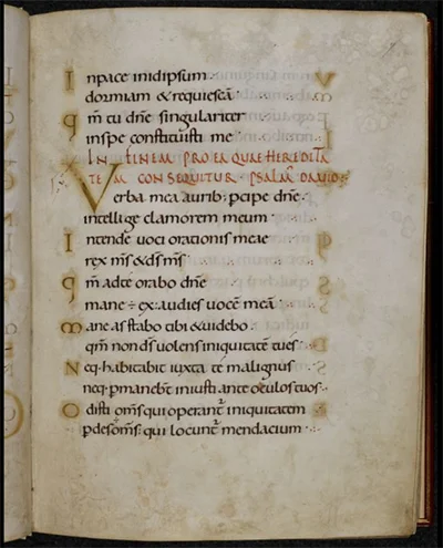 Page from the Ramsey Psalter showing beautiful English Caroline Miniscule hand. BL Harley MS 2904, f.7r