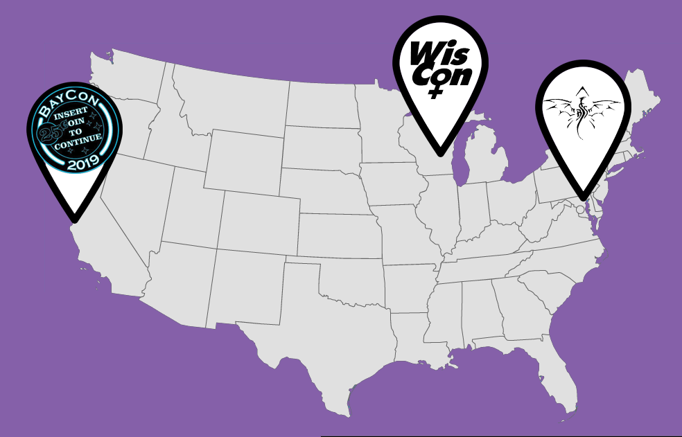 Location markers in San Francisco, CA with the BayCon logo; Madison, WI with the WisCon logo; and Baltimore, MD with the Balticon logo