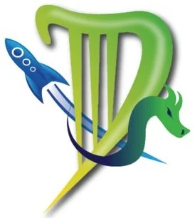 The logo for Dublin 2019. It features a D stylized to look like a harp, a rocketship and a dragon.