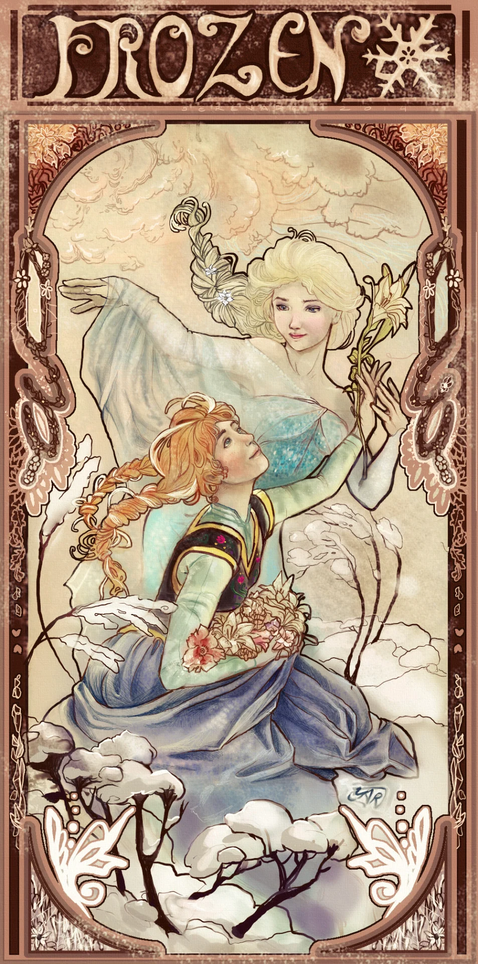 My jaw hit my computer desk when I saw this! Frozen + Mucha!!! So gorgeous. For more works by this artist, go to: http://yartzana-serenade.deviantart.com/
