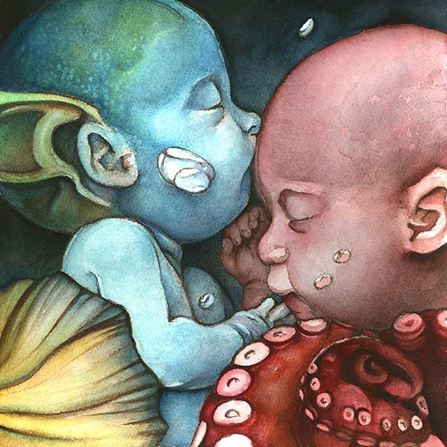 &quot;Fraternal&quot; is my latest #watercolor paintings, and one that comes from such a special place in my heart. #beautifulbizarre #illustration #instaart #instagood #mermaid #babies #tentacles #chicagoartist #chicago #nursery #nurserydecor #origi