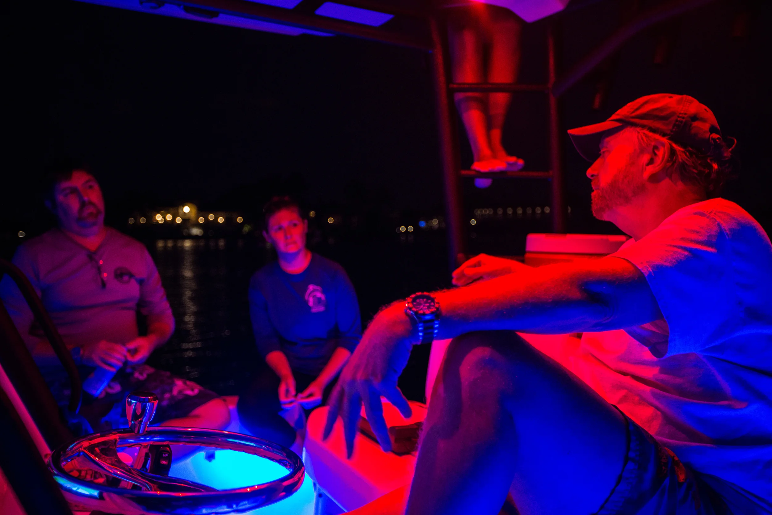  The crew has time to talk about their research, the aquarium, and their lives during the long night on the bay. 