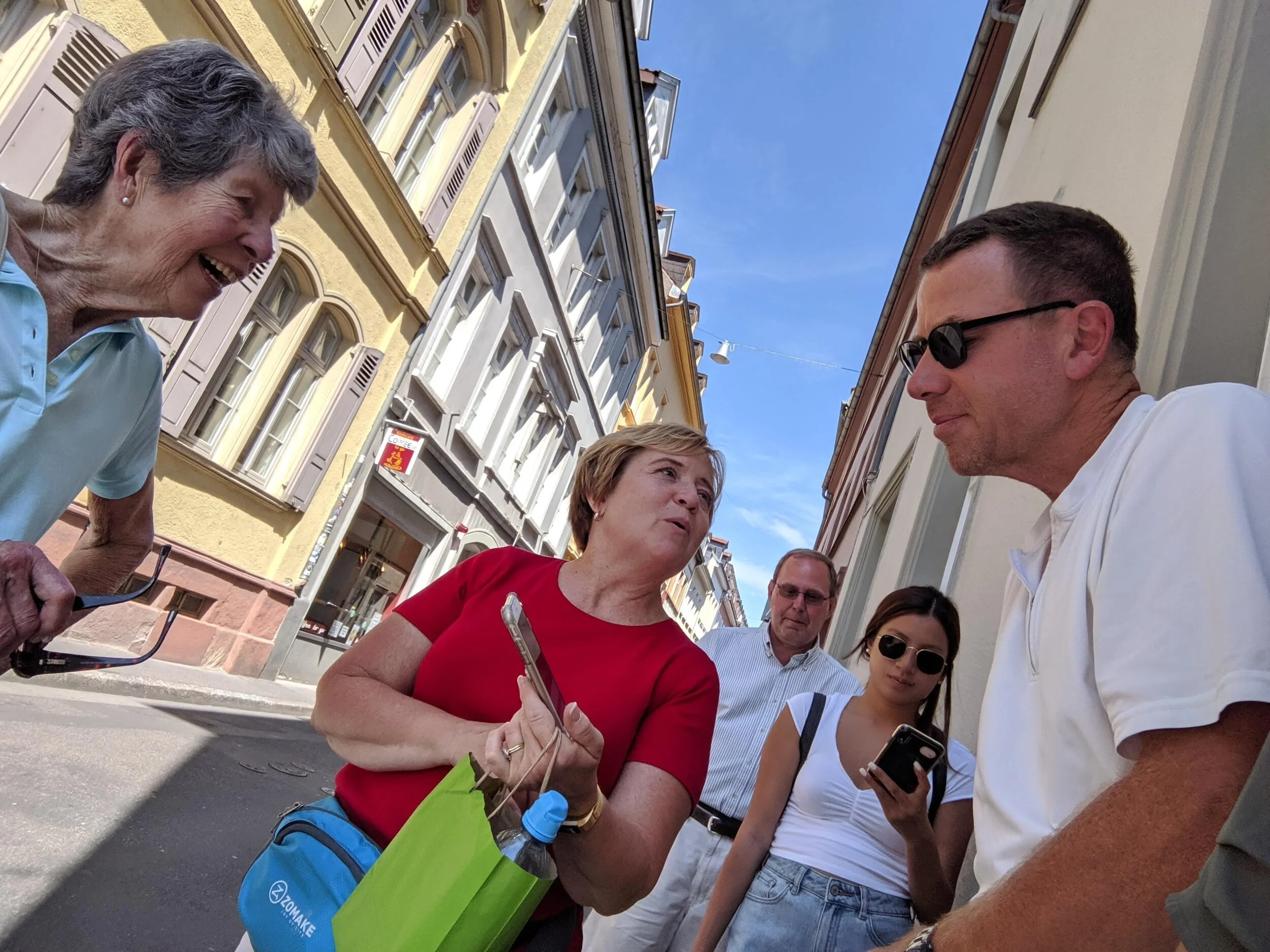  In Heidelberg, Germany. It was my first time meeting my great aunt (left) and the two kids (like her son, at right) and the half a dozen grandkids who live near her. They all speak English which allowed liberal amounts of jesting and lively discussi