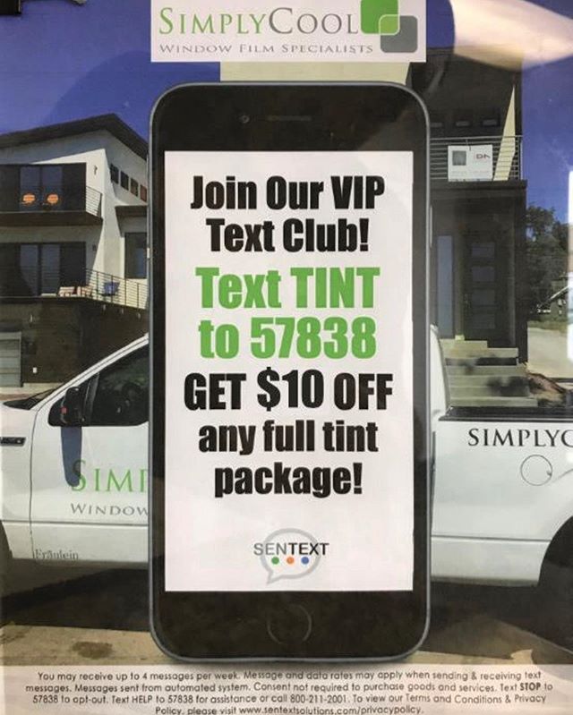 Text TINT to 57838 to opt in to receive $10 off any home or automotive package and receive deals and notifications from Simply Cool. 
#simplycool #simplycoolwindowtint #windowtinting #windowtint #optin #sentext #deals #automotivetint #residentialtint #commercialtint #texttint
