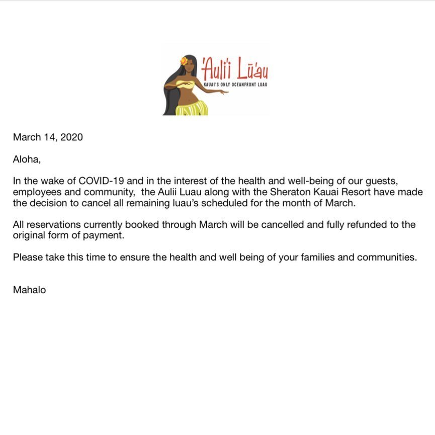 Effective Saturday, March 14 we have decided that the health and well-being of our guests, employees, their families and our communities will take precedence over our love of sharing our culture with our guests. We look forward to entertaining you al