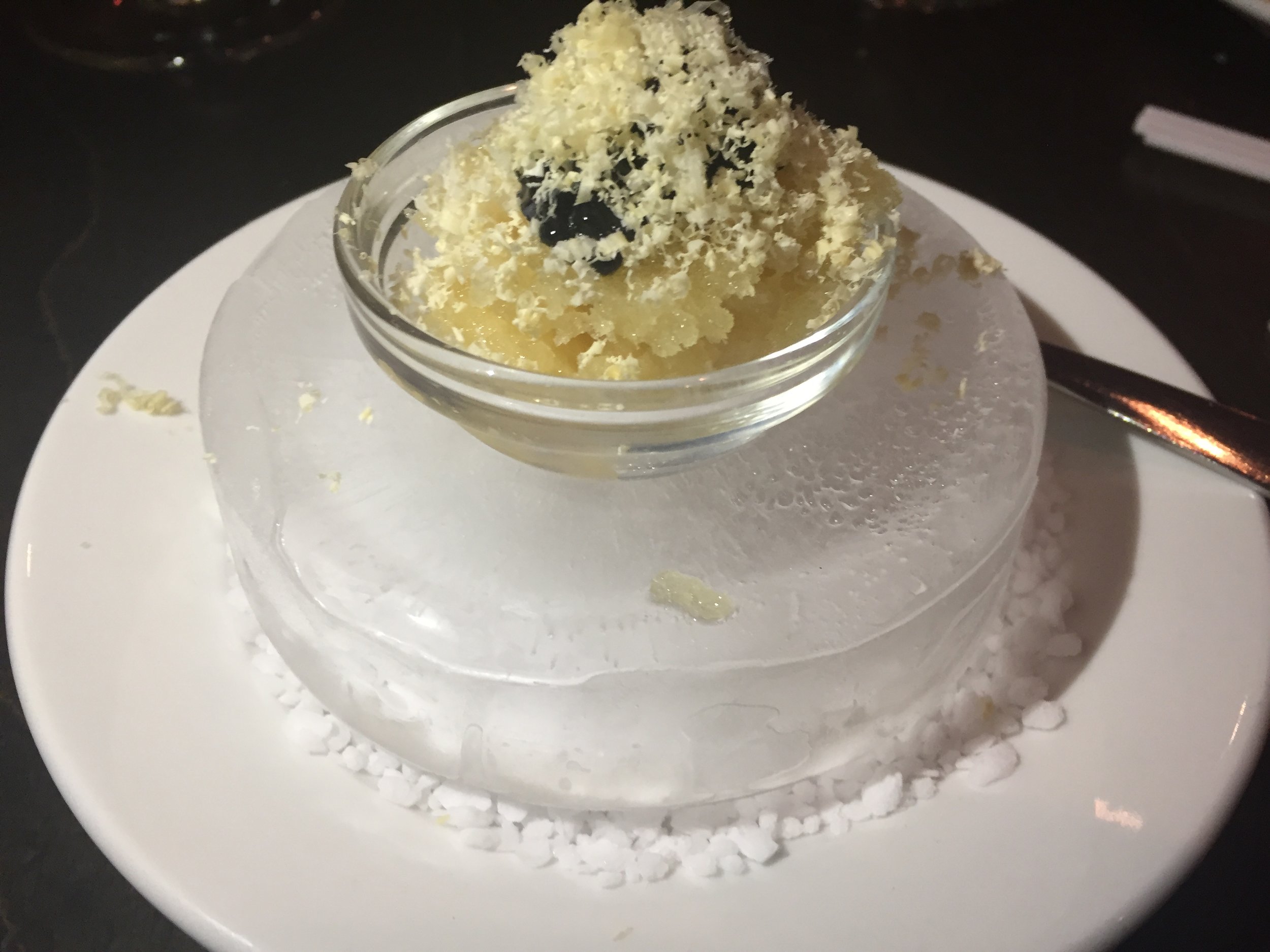  Maple syrup granite, Mujol (Spanish herring) caviar served with foie gras snow 