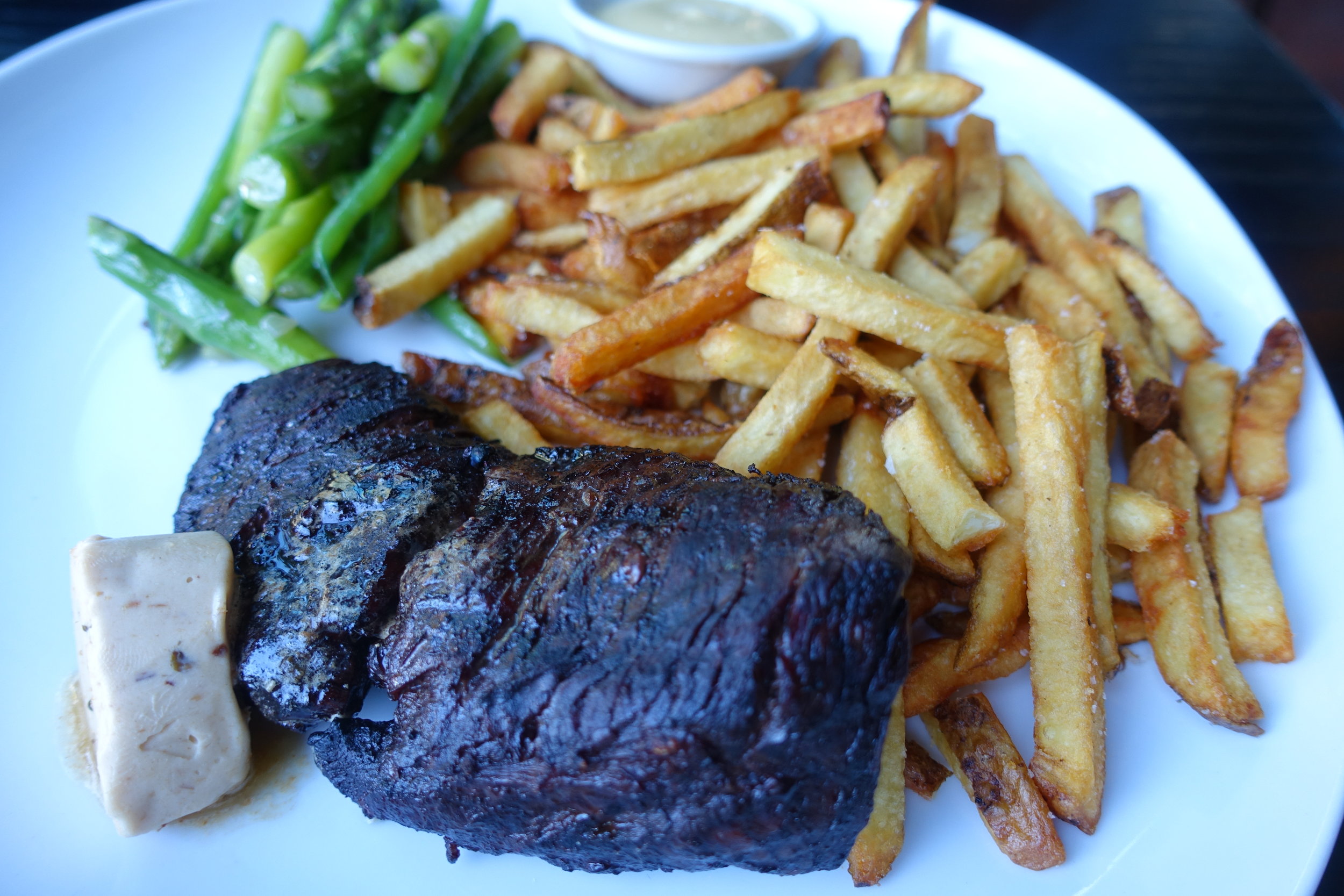  Hanger steak with green beans, asparagus, fries and miso butter 