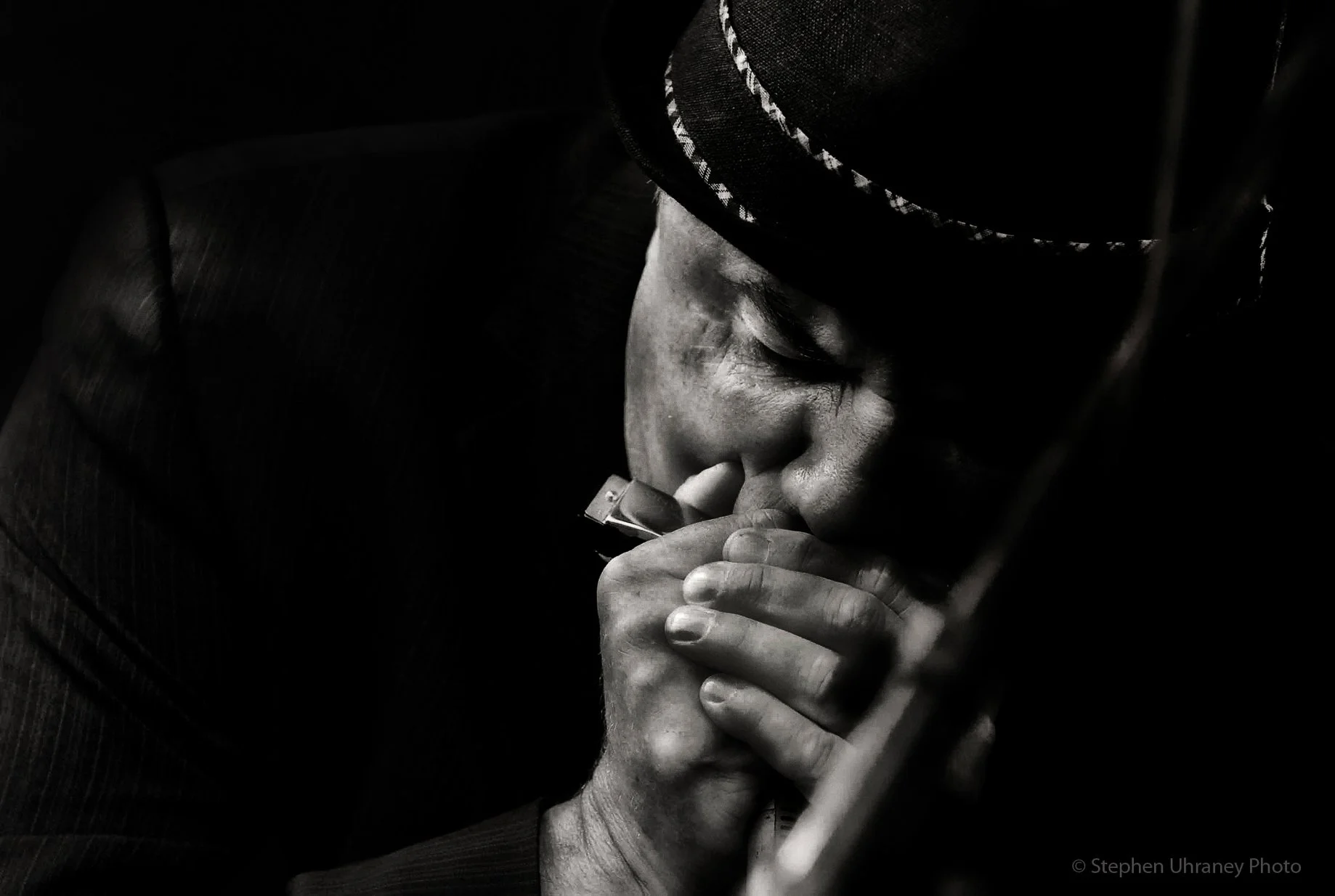 Chuck Jackson of the Downchild Blues Band performing at the Southside Shuffle 2018 Nikon D7100 Nikkor AFS 70-200mm lens Shot Monochrome