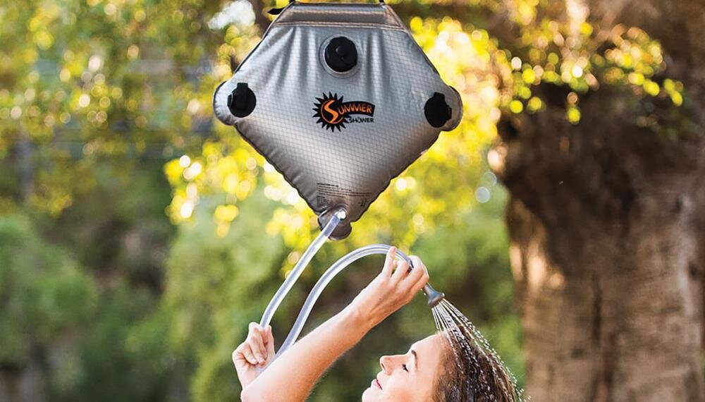 Here you'll see a branded solar shower being used.