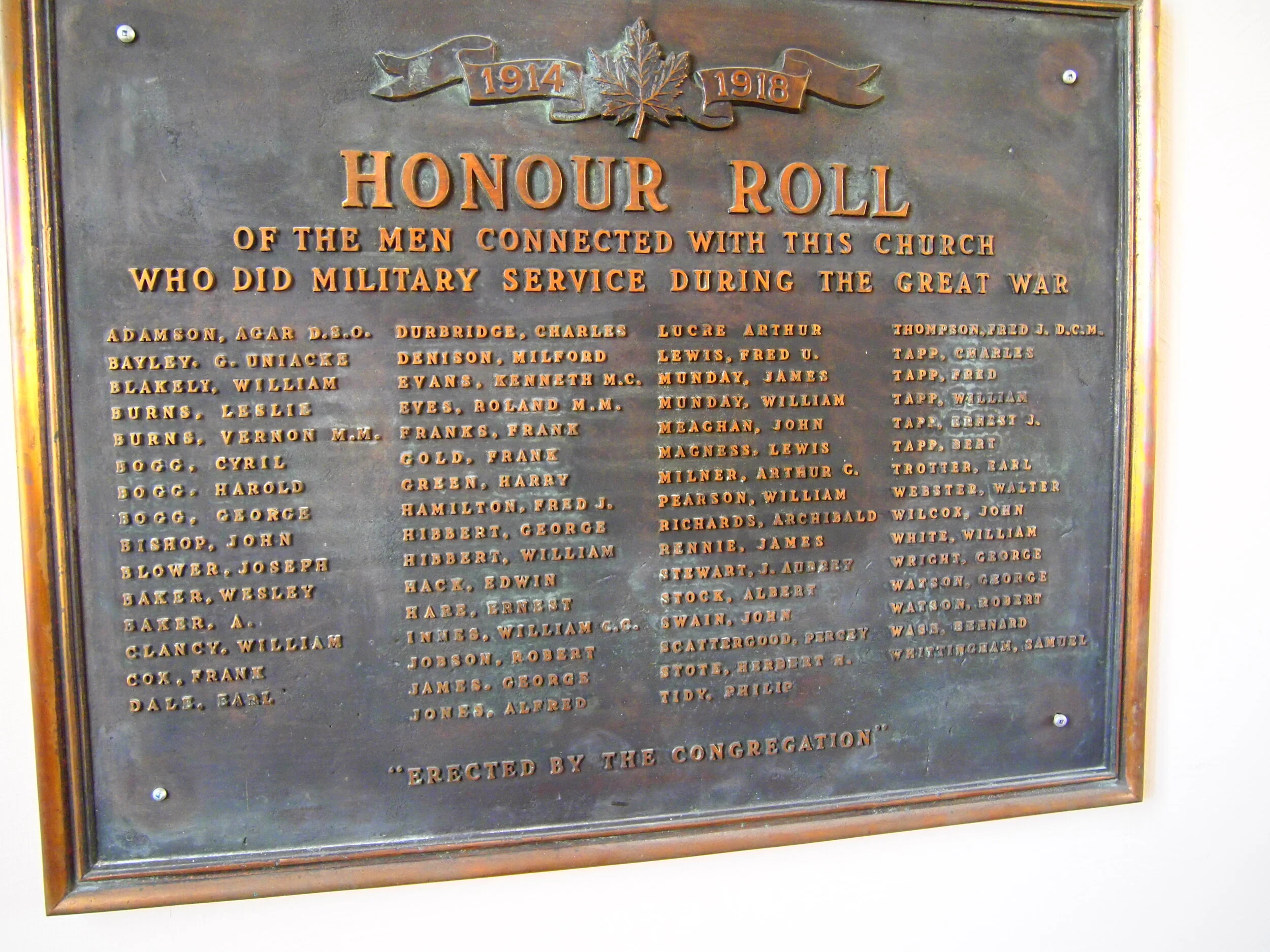 Trinity Anglican Church, Port Credit, Honour Roll.