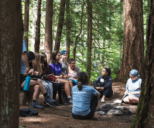 A group of youths discussing climate change in the forest